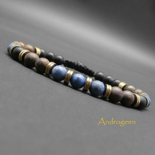 Bracelet homme, pierres gemmes, dumortiérite mate, bronzite mat, onyx mat, hématite dorée ø6 mm r365