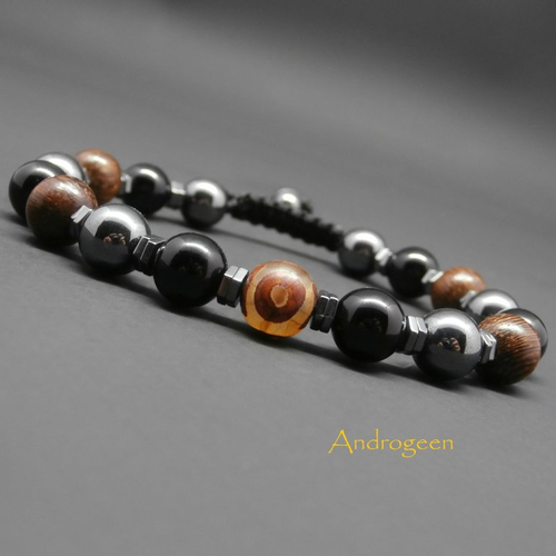 Bracelet homme, pierres gemmes, perle dzi agate naturelle, onyx, hématite, perles en bois robles ø8 mm r711