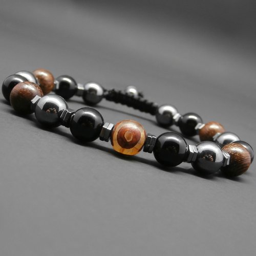 Bracelet homme tressé, pierres gemmes, perle dzi en agate naturelle, onyx, hématite, perles en bois robles ø8 mm r711