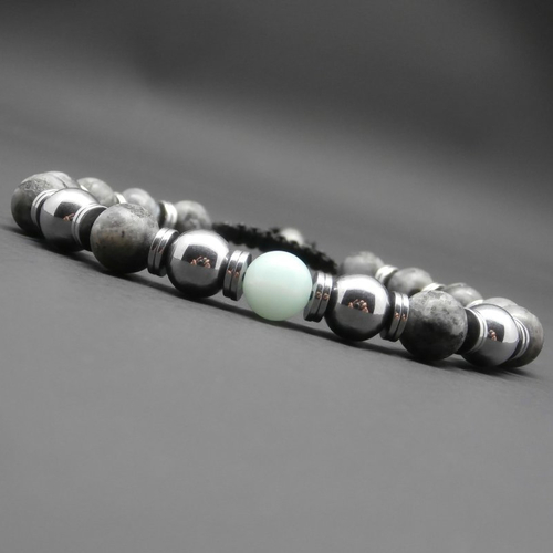 Bracelet homme tressé, pierres gemmes, amazonite, labradorite noire mate, perles et heishi en hématite argentée ø8 mm r553