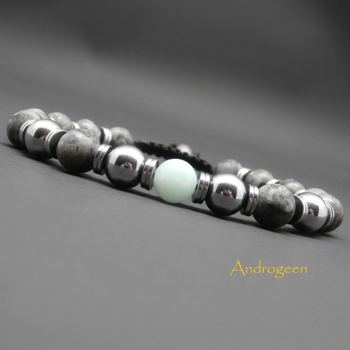 Bracelet homme, pierres gemmes, amazonite, labradorite noire mate, perles et heishi en hématite argentée ø8 mm r553