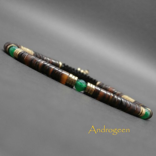 Bracelet fin homme, heishi de coquillage brun, hématite dorée, pierres gemmes, agate verte facettée ø4 mm r738