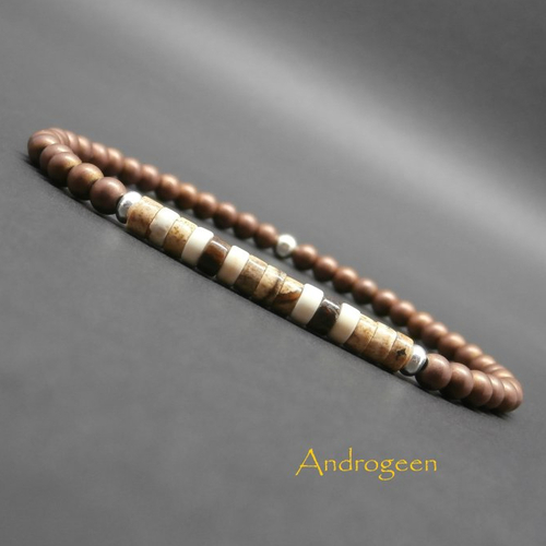 Bracelet homme, jaspe paysage, howlite ivoire, bronzite, pierres gemmes, hématite cuivrée mate, perles en argent sterling ø4 mm r7