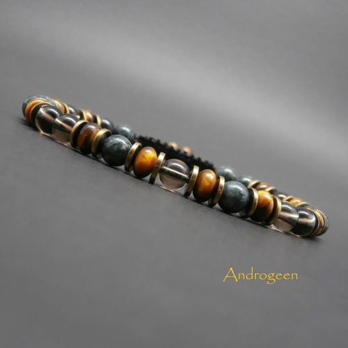 Bracelet homme, pierres gemmes, quartz fumé, jaspe kambala, oeil de tigre, heishi hématite dorée ø6 mm r445