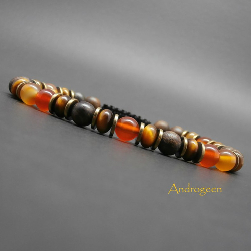 Bracelet homme, pierres naturelles, hématite dorée, cornaline naturelle, bronzite mat, rondelles en oeil de tigre ø6 mm r457