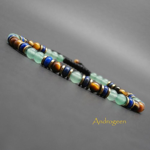 Bracelet pierres gemmes, aventurine verte, oeil de tigre, rondelles en lapis lazuli, heishi d'hématite dorée ø4 mm r566
