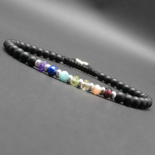 Bracelet 7 chakras, bracelet méditation, pierres gemmes, onyx mat, perles en argent sterling, tressé fil nylon ciré ø 4 mm r842