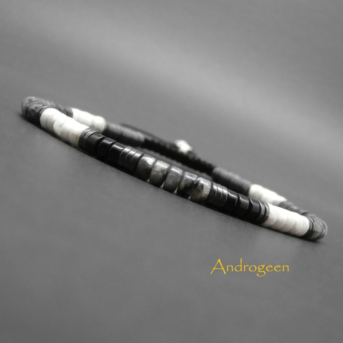 Bracelet homme, pierres gemmes, heishi de larvikite, howlite blanche, agate noire, hématite ø4 mm r407