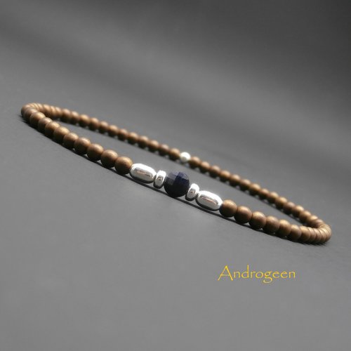 Bracelet ultra fin, pierres gemmes, mini médaillon facetté en saphir, hématite cuivrée mate, argent sterling ø3 mm