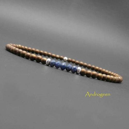 Bracelet ultra fin homme, minimaliste, saphir bleu naturel, pierres gemmes, hématite cuivrée mate, perles en argent sterling ø3 mm r332