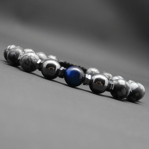 Bracelet homme, tressé, pierres gemmes, oeil de tigre bleu, obsidienne flocon de neige mate, hématite ø8 mm r712