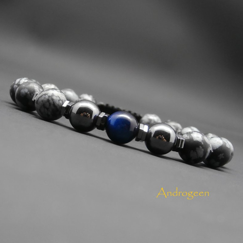 Bracelet homme, pierres gemmes, oeil de tigre bleu, obsidienne flocon de neige mate, hématite ø8 mm r712