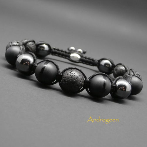 Bracelet homme, pierres gemmes, agate noire dépolie rainurée, pierre de lave, hématite, argent sterling ø10 mm r245