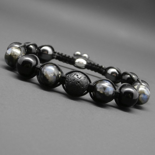 Bracelet homme tressé, pierres gemmes, opale grise, agate noire, pierre de lave, hématite, argent sterling ø 10 mm r246
