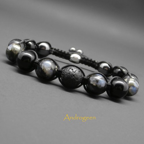 Bracelet homme, pierres gemmes, opale grise, agate noire, pierre de lave, hématite, argent sterling ø10 mm r246