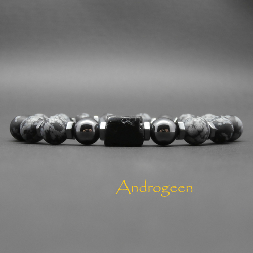 Bracelet homme, pierre gemmes, tourmaline noire, obsidienne flocon de neige mate, hématite, argent sterling ø8 mm r490