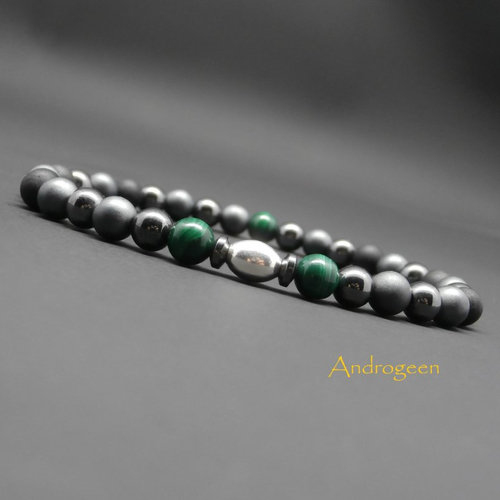 Bracelet homme, pierres gemmes, malachite naturelle, tourmaline noire mate, hématite, perle ovale en argent sterling ø6 mm r767