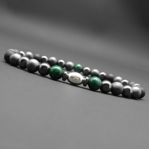 Bracelet homme stretch, pierres gemmes, malachite naturelle, tourmaline noire mate, hématite, perle ovale en argent sterling ø6 mm r767