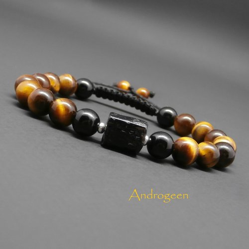 Bracelet homme, pierres gemmes, tourmaline noire, oeil de tigre, argent sterling ø8mm r538