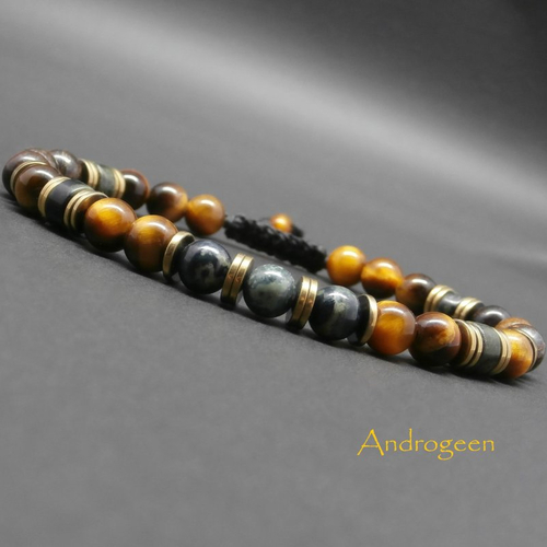 Bracelet homme, pierres naturelles, jaspe kambala, oeil de tigre, bronzite, heishi hématite dorée ø6 mm r324