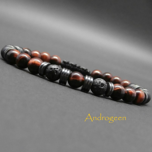 Bracelet homme, pierres gemmes, oeil de taureau, onyx mat, pierre de lave, heishi en hématite ø6 mm r323