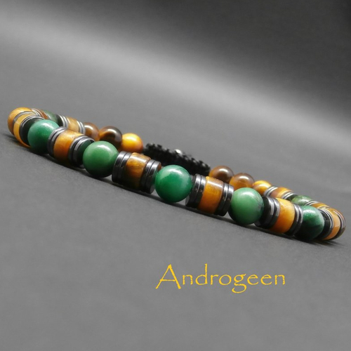 Bracelet homme tressé, pierres gemmes, heishi en hématite, jade vert africain  rondelles en oeil de tigre ø 6 mm r326
