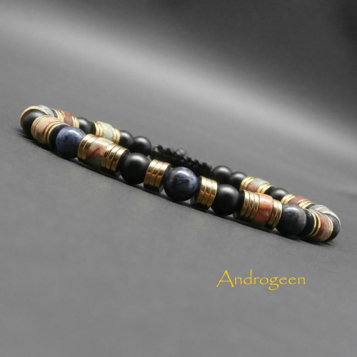 Bracelet homme, pierres gemmes, jaspe bleu, jaspe impression, onyx mat, heishi d'hématite dorée ø6 mm r328