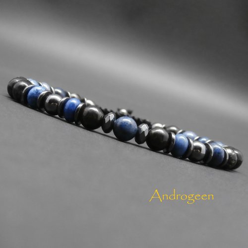 Bracelet homme, ajustable, pierres gemmes, astrophyllite, dumortiérite, perles et heishi en hématite ø6 mm r504