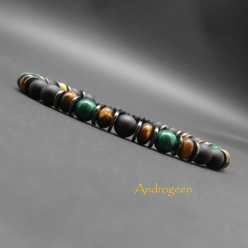 Bracelet homme, tourmaline noire mate, pierres gemmes, malachite naturelle, oeil de tigre, heishi en hématite ø6 mm r467