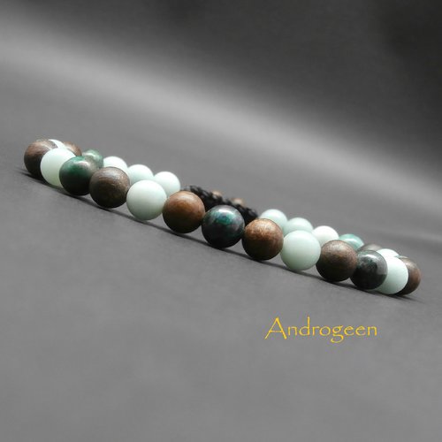 Bracelet homme, pierres gemmes, chrysocolle, amazonite et bronzite mat ø6 mm r606