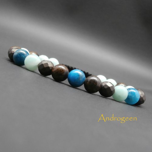 Bracelet homme, ajustable, pierres gemmes, chrysocolle, amazonite et bronzite mat ø6 mm r606