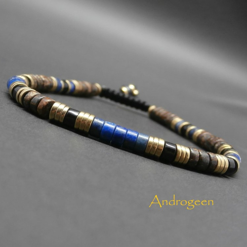 Bracelet fin homme, pierres gemmes, heishi de lapis lazuli naturel, agate noire, bronzite, hématite dorée ø4 mm r425