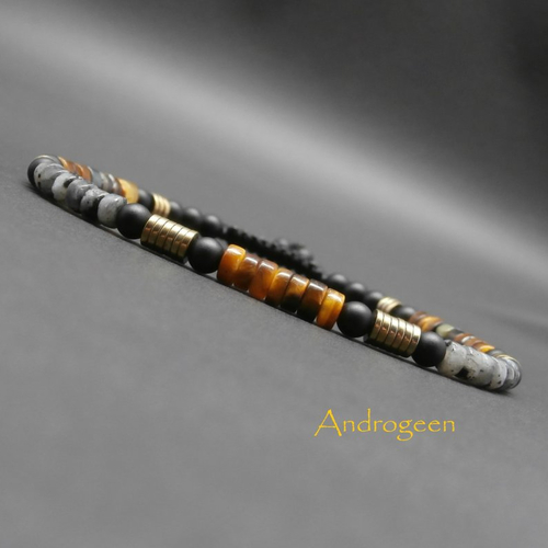 Bracelet homme, pierres gemmes, heishi en oeil de tigre, larvikite, oeil de faucon, hématite dorée, onyx mat ø4 mm r378