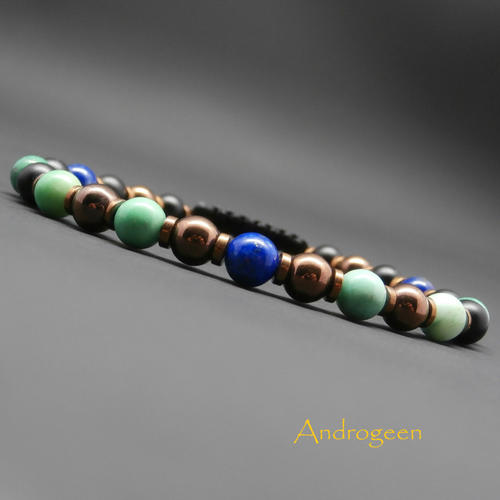 Bracelet tressé, multicolore, pierres naturelles, lapis lazuli naturel, opale verte, onyx mat, hématite cuivrée ø6 mm r574