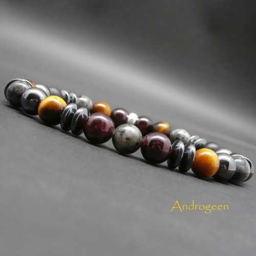 Bracelet homme, pierres gemmes, larvikite, grenat, oeil de tigre, hématite, onyx mat, rondelle en argent sterling ø8 mm r720