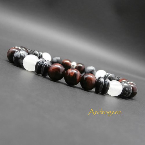 Bracelet homme, pierres gemmes, oeil de taureau, jade blanc, obsidienne neige mate, pierre de lave, hématite, argent sterling ø8 mm r627