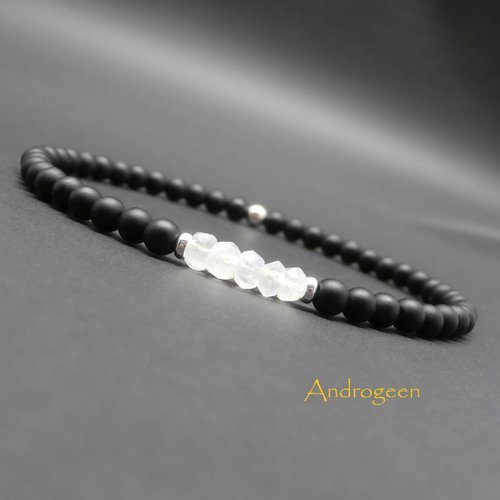 Bracelet homme, pierres gemmes, pierre de lune, onyx noire mat, argent sterling ø4 mm r967