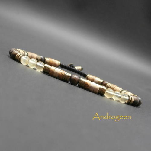 Bracelet pierres gemmes, calcite jaune, bronzite mat, heishi de jaspe paysage et hématite dorée ø4 mm r683