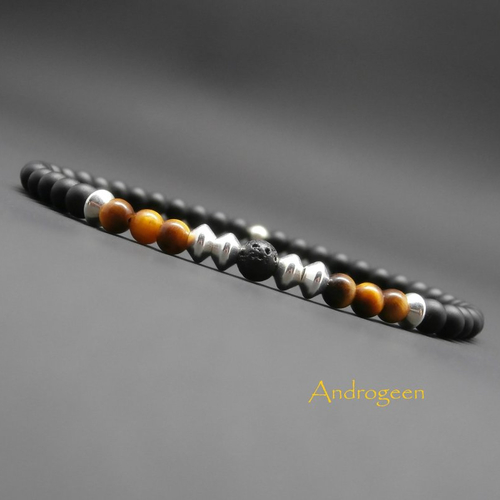 Bracelet homme, pierres gemmes, oeil de tigre, pierre de lave, onyx mat, argent sterling ø4 mm r307