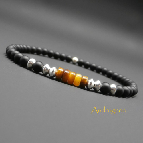 Bracelet fin homme, pierres naturelles, oeil de tigre, onyx noir mat, perles toupie en argent sterling ø4 mm r308