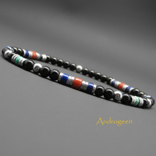 Bracelet fin homme, pierres gemmes, onyx, turquoise, lapis lazuli, corail bambou, hématite argentée ø4 mm r310