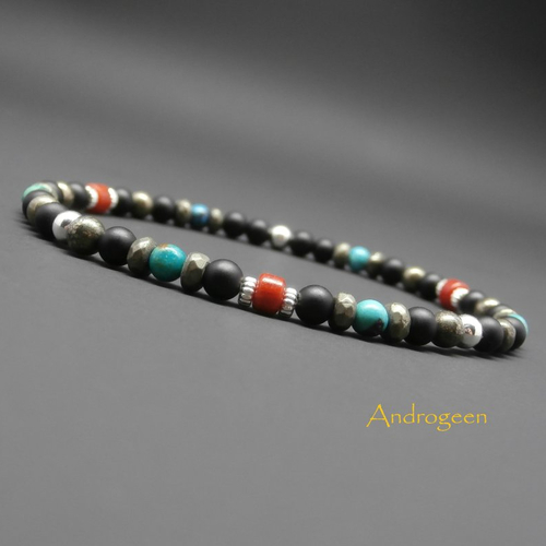 Bracelet fin homme, pierres gemmes, onyx, turquoise, lapis lazuli, corail bambou, hématite argentée ø4 mm r310