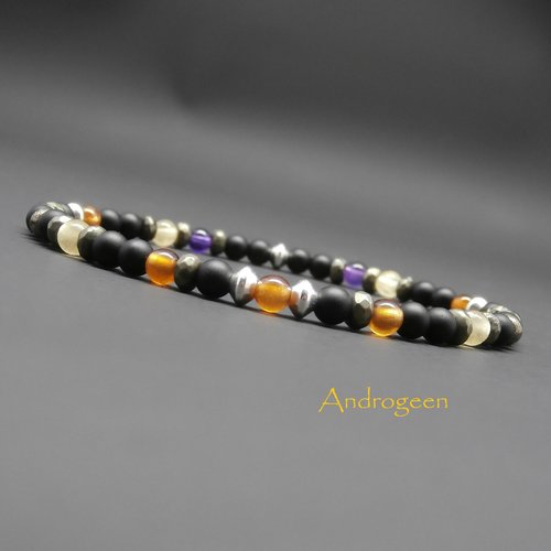 Bracelet héssonite, pierres gemmes, onyx mat, calcite jaune, pyrite, améthyste, argent sterling ø4 mm r329