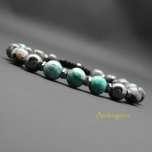 Bracelet homme, pierres gemmes, agate crasy, labradorite noire, rondelles et perles en hématite ø8 mm r543