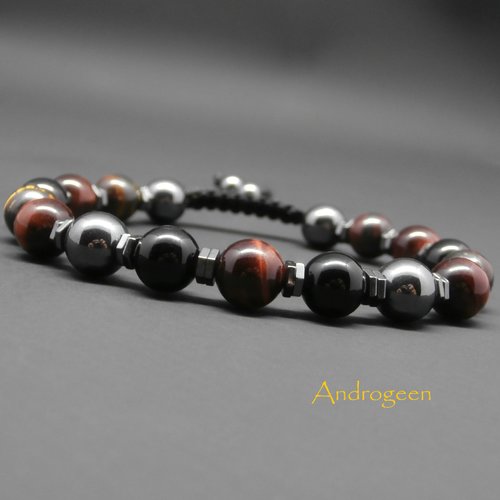 Bracelet homme, pierre gemmes, oeil de tigre rouge, oeil de fer, onyx, hématite ø8 mm r630