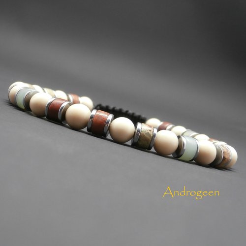 Bracelet homme, pierres gemmes, bois fossilisé couleur ivoire, jaspe et hématite argentée ø6 mm r586