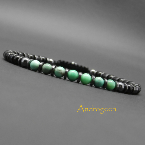 Bracelet fin composé de pierres naturelles en opale verte, hématite, perles et heishi en agate noire.
