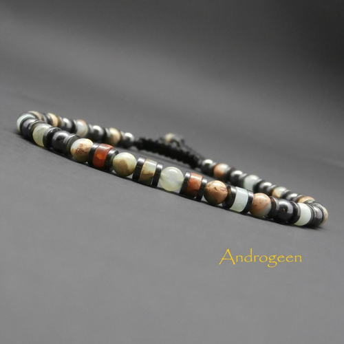 Bracelet fin homme, pierres gemmes, perles et heishi en jaspe naturel et hématite ø4 mm r256