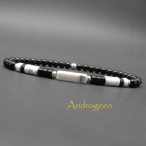 Bracelet fin homme, minimaliste, pierres gemmes, agate noire, rectangle et heishi en howlite blanche, perles en argent sterling ø4 mm r389