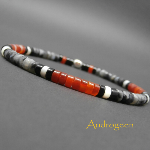 Bracelet heishi, pierres gemmes, cornaline naturelle, larvikite, nacre, agate noire, cube en argent sterling ø4 mm r239